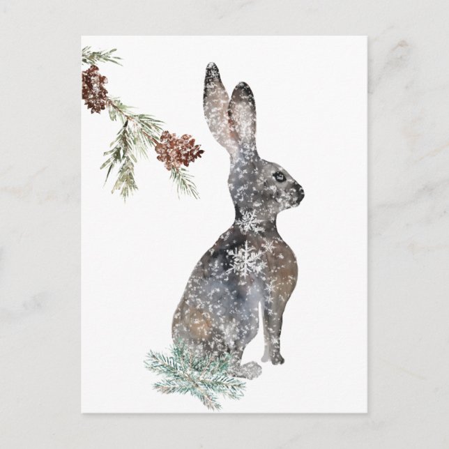 Snowy Winter Hare Rabbit Under A Tree Watercolor Postcard (Front)
