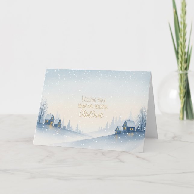 Snowy Winter Hillside Village with Warm Christmas  Holiday Card (Front)