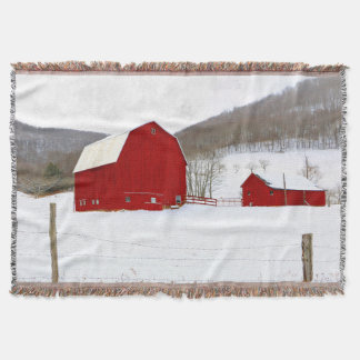 Snowy Winter in The Red Barn Barnyard Throw Blanket