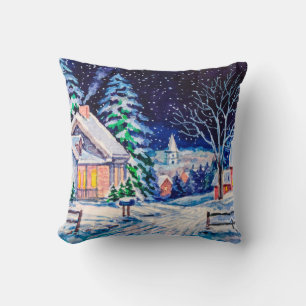 Snowy winter landscape. Country House. Christmas h Cushion