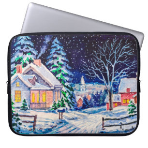 Snowy winter landscape. Country House. Christmas h Laptop Sleeve