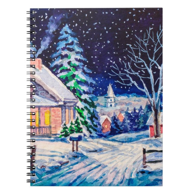 Snowy winter landscape. Country House. Christmas h Notebook (Front)