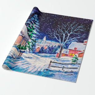 Snowy winter landscape. Country House. Christmas h Wrapping Paper