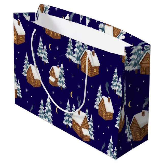 Snowy Winter Log Cabin Christmas Large Gift Bag (Back Angled)