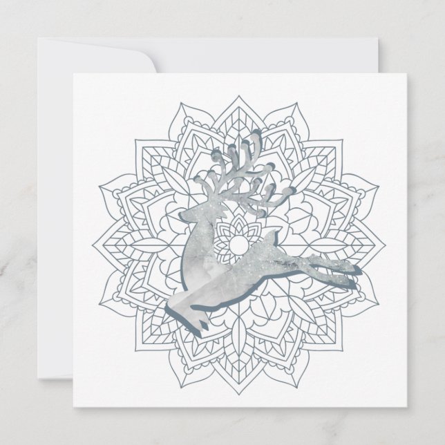 Snowy Winter Mandala Marble Glitter Deer Holiday Card (Front)