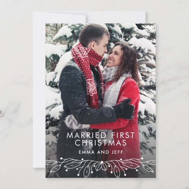 Snowy Winter Married First Christmas Holiday Photo Card (Front)