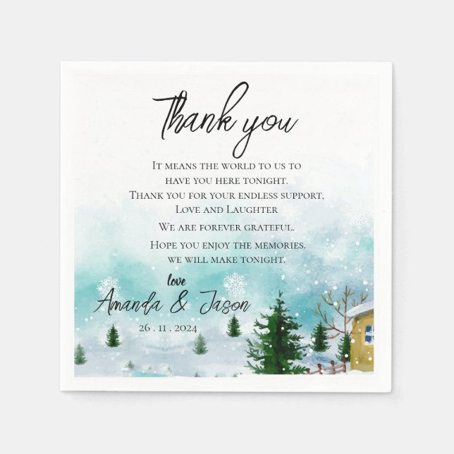 Snowy Winter Morning Wedding Thank you Message Napkin (Front)