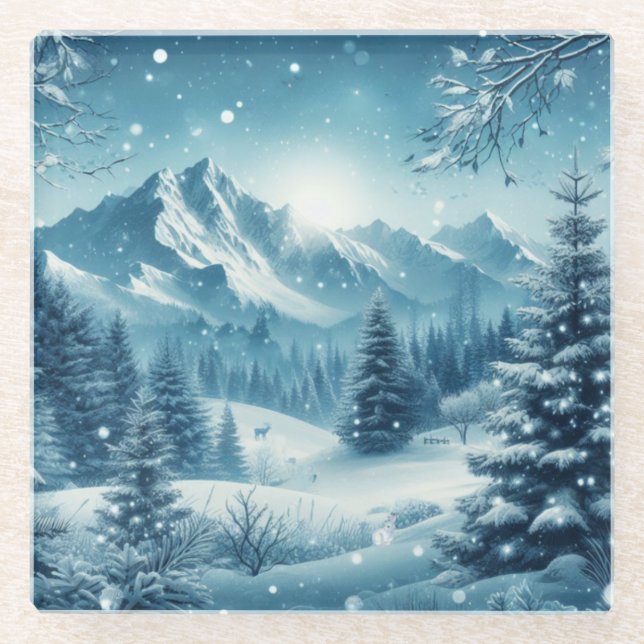 Snowy Winter Mountain Glass Coaster (Front)