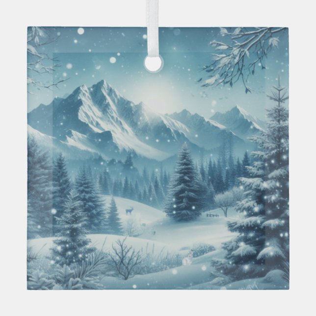 Snowy Winter Mountain Glass Tree Decoration (Front)