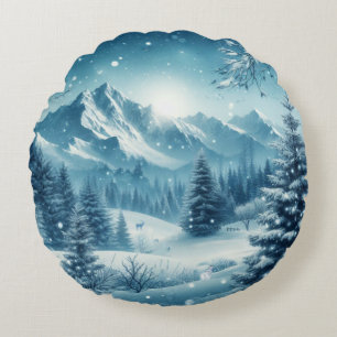 Snowy Winter Mountain Round Cushion
