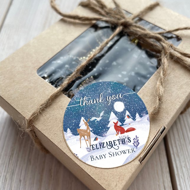 Snowy Winter Nature Animals Baby Shower Thank You Classic Round Sticker (Creator Uploaded)