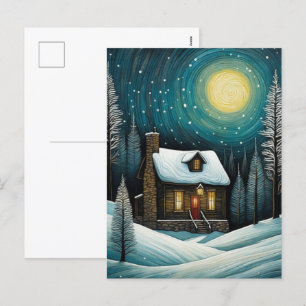 Snowy Winter Night Forest Cottage Christmas  Holiday Postcard