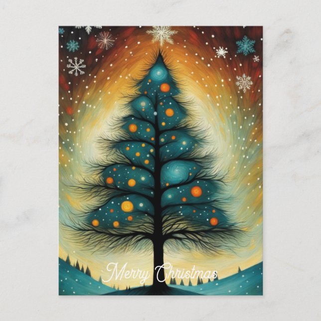 Snowy Winter Night Mountain Christmas Tree Holiday Postcard (Front)