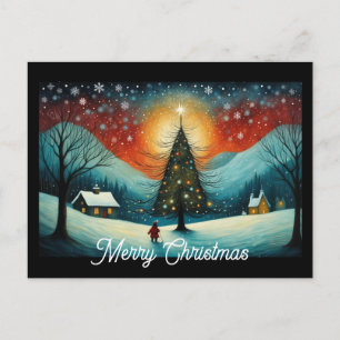 Snowy Winter Night Mountain Village Christmas Tree Holiday Postcard