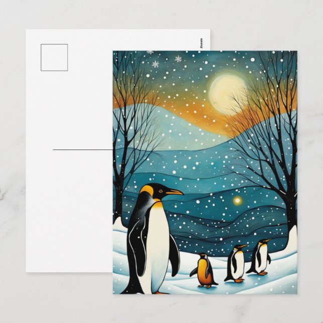 Snowy Winter Night Penguin Christmas Holidays Holiday Postcard (Front/Back)