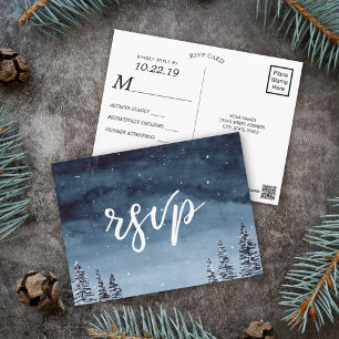 Snowy Winter Night Watercolor Navy Blue RSVP Postcard