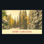 Snowy Winter Path with Pine Trees Christmas Rectangular Sticker<br><div class="desc">Stickers with a beautiful nature photograph. An isolated winter path with tall snow covered pine trees. 
A golden twilight hue creates a magical feel to this photo.</div>