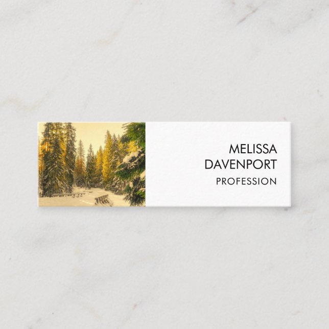 Snowy Winter Path with Pine Trees Photo Mini Business Card (Front)