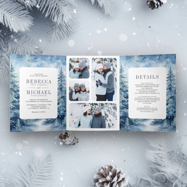  Snowy Winter Pine Forest Photo Collage Wedding Tri-Fold Invitation (Creator Uploaded)