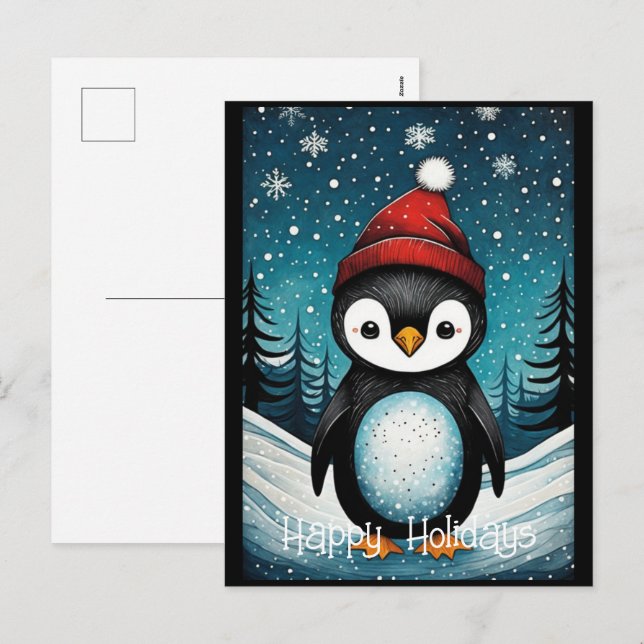 Snowy Winter Santa Penguin Christmas Holidays Holiday Postcard (Front/Back)