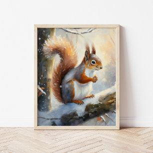 Snowy Winter Squirrel Modern Art Poster