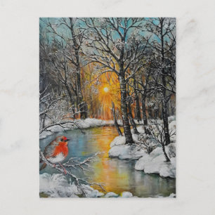 Snowy winter sunset forest landscape with robin holiday postcard