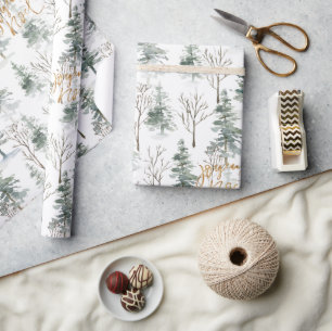 Snowy Winter Trees Joyeux Noel Gold Typography Wrapping Paper
