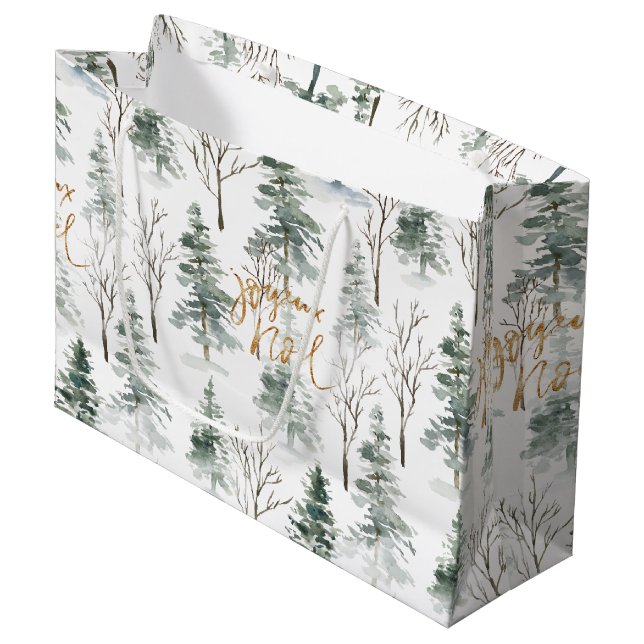Snowy Winter Trees Pattern Gold Typography Large Gift Bag (Front Angled)