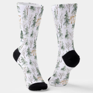 Snowy Winter Trees Pattern Gold Typography Socks