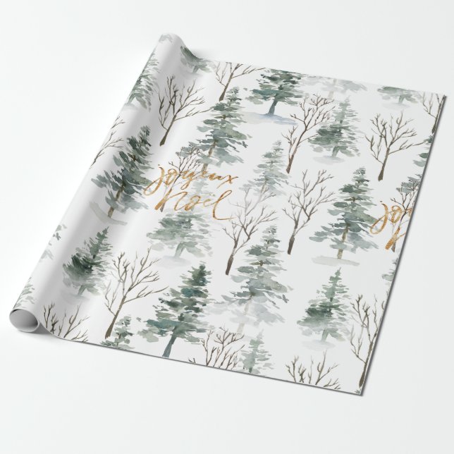 Snowy Winter Trees Pattern Gold Typography Wrapping Paper (Unrolled)