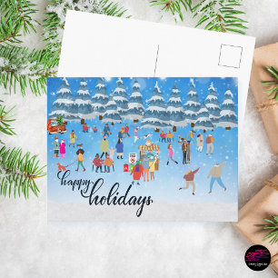 Snowy Winter Village Ice Skating Christmas Scene Holiday Postcard