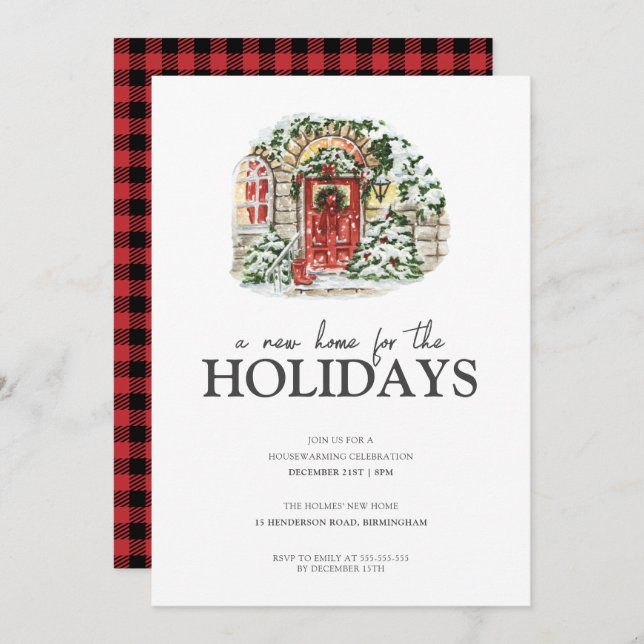Snowy Winter Village Red Plaid Housewarming Party Invitation (Front/Back)