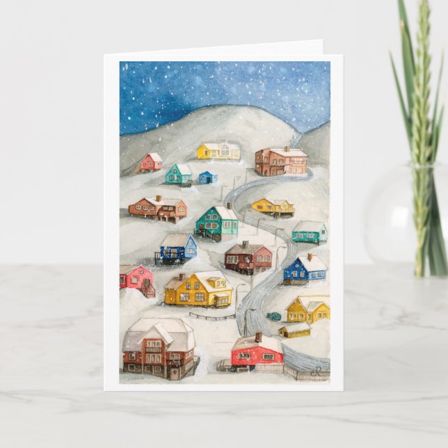 Snowy Winter Village Scenic Art Holiday Card (Front)