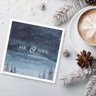 Snowy Winter Watercolor Navy Blue Wedding Napkin