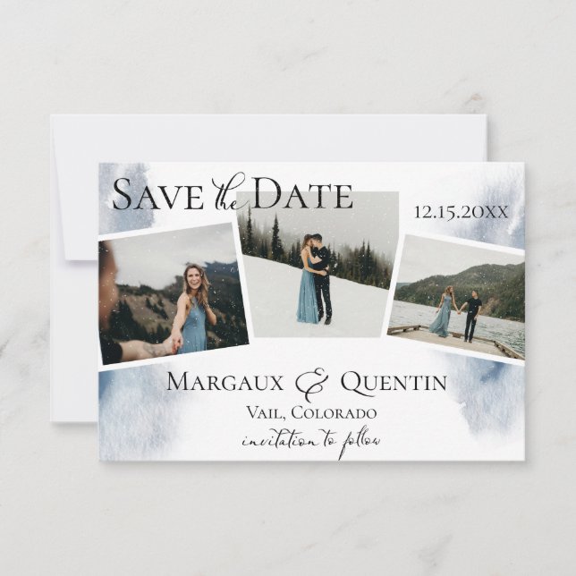 Snowy Winter Watercolor Wash Photo Save The Date Announcement (Front)