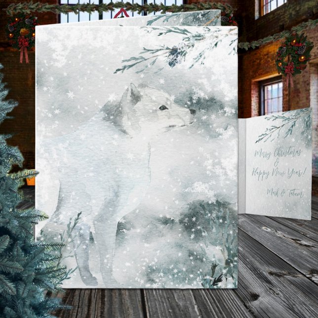 Snowy Winter White Arctic Fox In The Wild Holiday Card (Snowy Winter White Arctic Fox In The Wild Christmas Holiday Wraparound Graphics Folded Card)