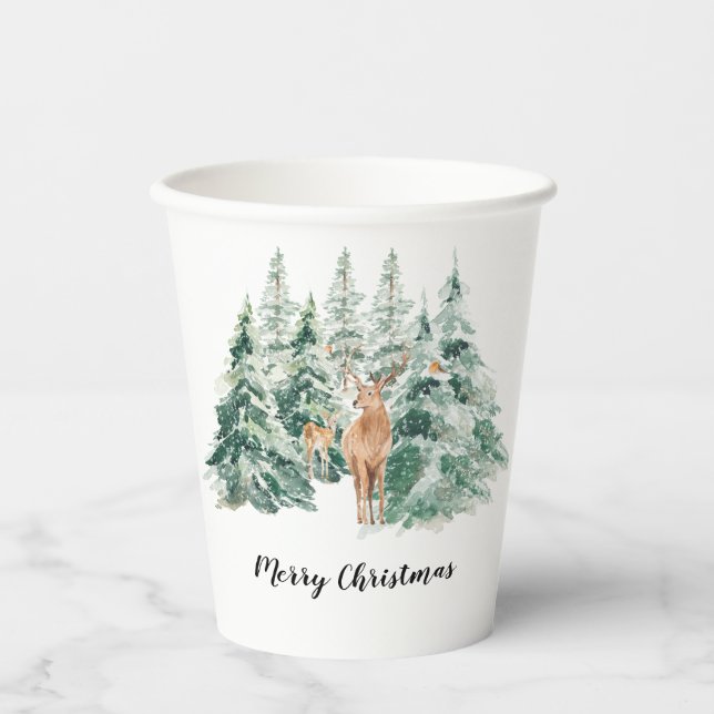 Snowy Winter Woodland Deer Merry Christmas Paper Cups (Front)