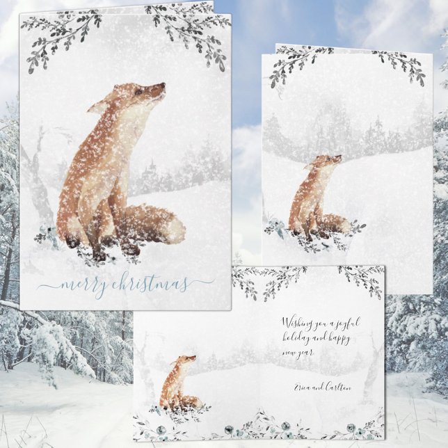 Snowy Winter Woodland Red Fox Watercolor Holiday (Merry Christmas Snowy Winter Woodland Red Fox Holiday Folded Wraparound  Graphics Gift Card)