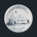 Snowy Winter Woods Mountains Merry Christmas Paper Plate<br><div class="desc">Create a winter vibe this holiday season,  with these stylish wintery snowy scene woodland and mountain christmas paper plates. Design also features silhoutte woodland animals.</div>