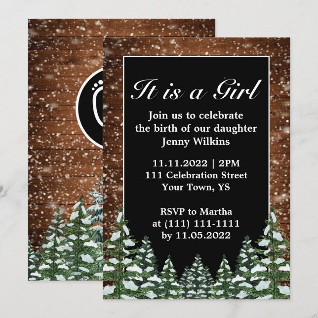 Snowy Wood & Forest Baby Girl Birth Celebration Invitation (Front/Back)