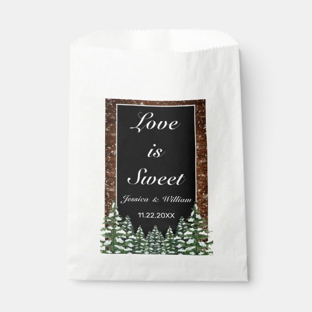 Snowy Wood Forest Black Wedding Favour Bag (Front)