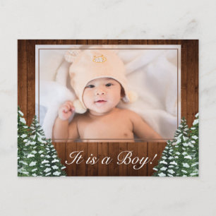 Snowy Wood & Forest Country Baby Boy Birth Photo Announcement Postcard