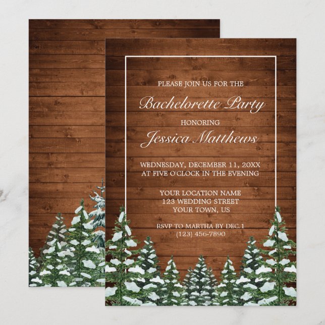 Snowy Wood & Forest Country Bachelorette Party Invitation (Front/Back)