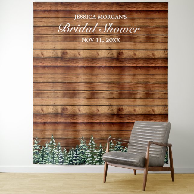 Snowy Wood & Forest Country Bridal Shower Photo Tapestry (In Situ)