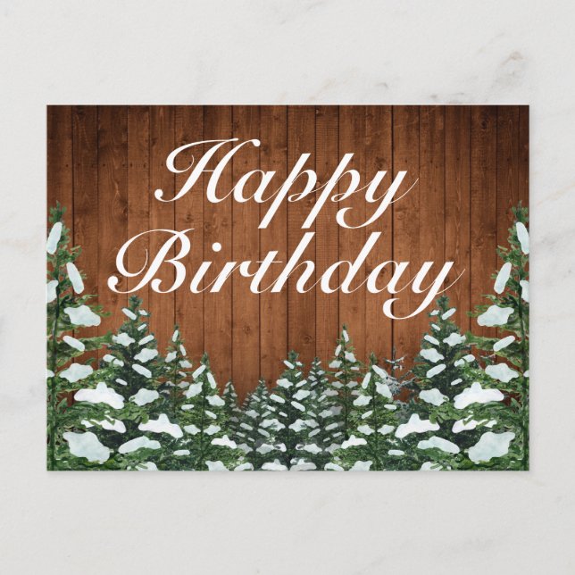 Snowy Wood Forest Country Happy Birthday Greeting Announcement Postcard (Front)