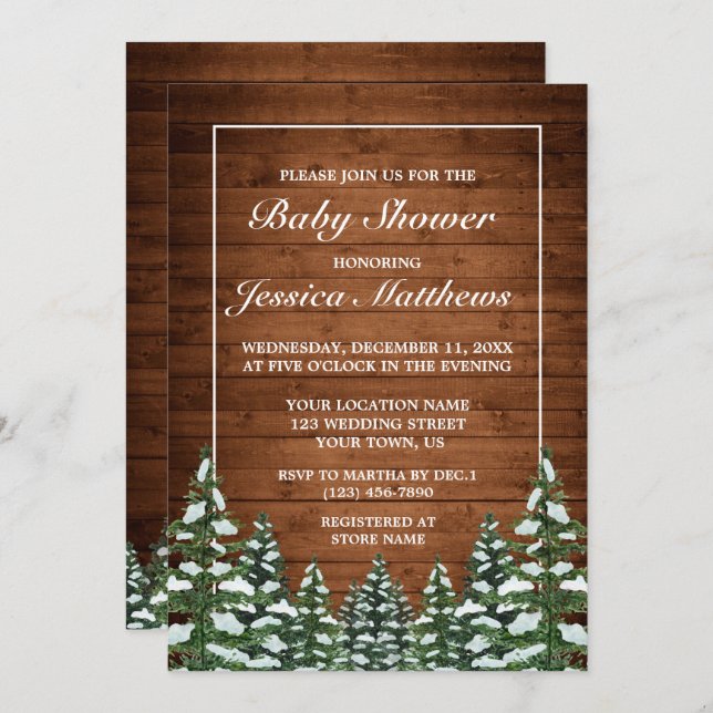 Snowy Wood & Forest Country Pine Baby Shower Invitation (Front/Back)