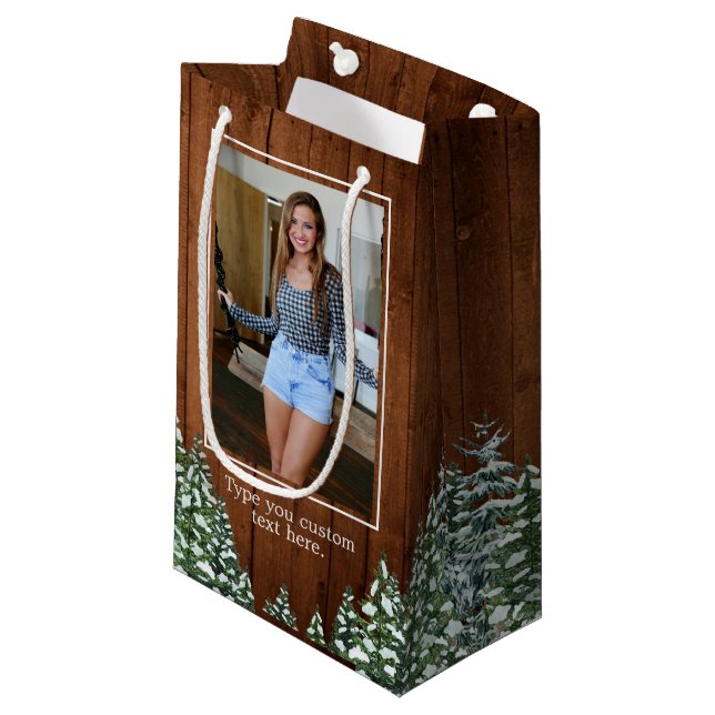 Snowy Wood & Forest Country Pine Birthday Photo Small Gift Bag (Front Angled)
