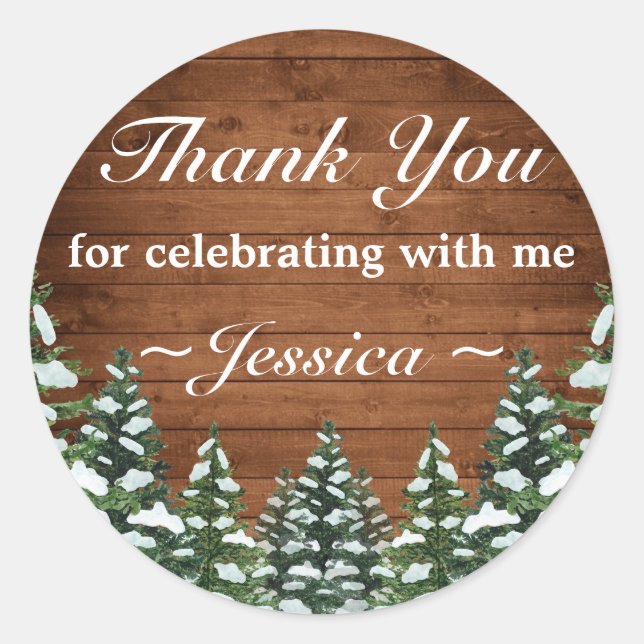 Snowy Wood Forest Country Pine Birthday Thank You Classic Round Sticker (Front)