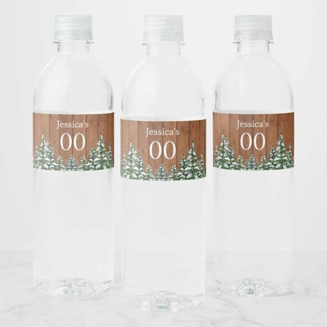 Snowy Wood & Forest Country Pine Birthday Water Bottle Label (Bottles)