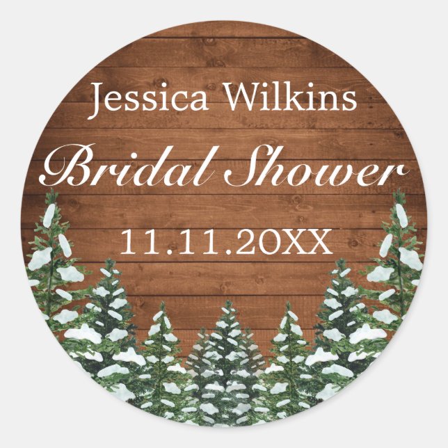 Snowy Wood & Forest Country Pine Bridal Shower Classic Round Sticker (Front)